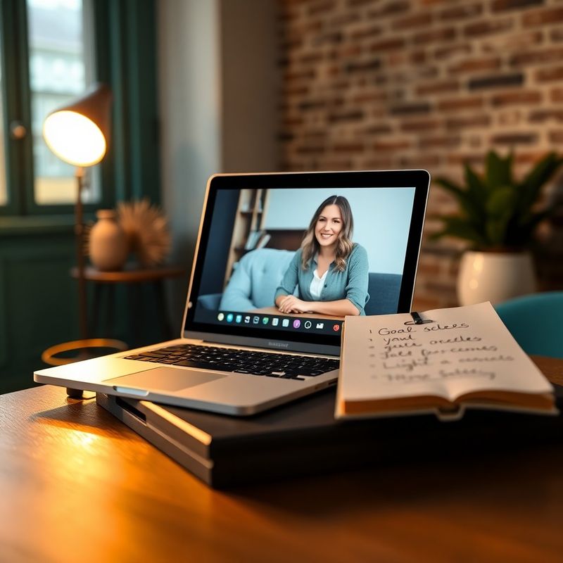 Setup sesji mentorskiej: laptop z rozmową wideo i notes obok